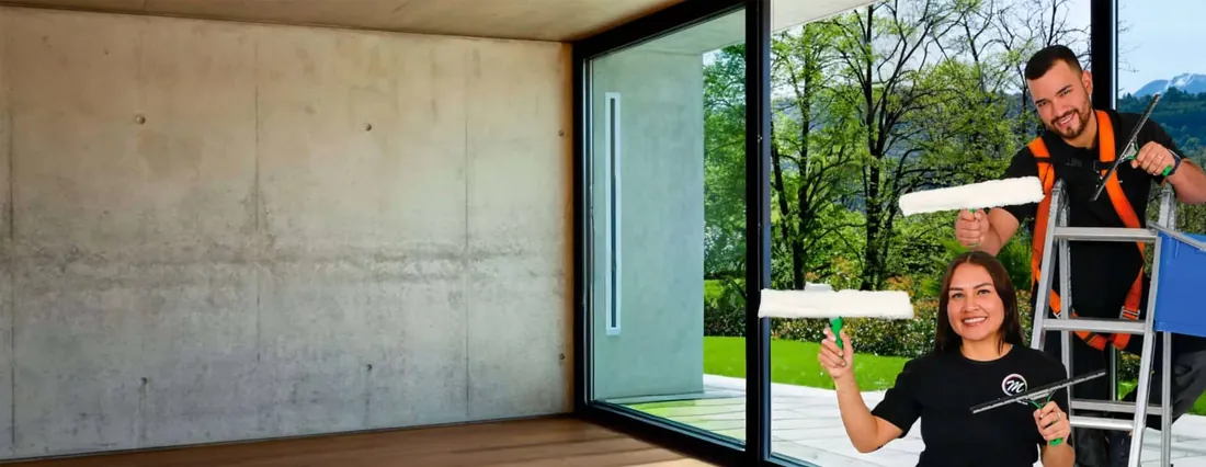 Fensterreinigung: Zwei Mitarbeitende von Multi Clean Service mit Einwascher und Abzieher an einer raumhohen Glasfront, einer auf einer Leiter
